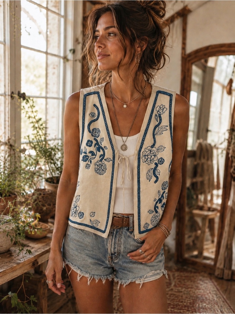 DRIFTWOOD Cream Embroidered Vest with Blue Floral Trim nwt
